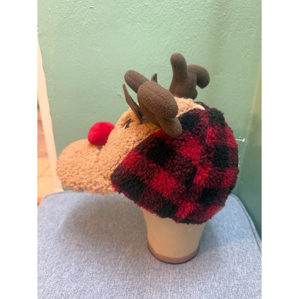 NEW Reindeer Christmas Plush Hat One Size Holiday Time Brown Red Adult